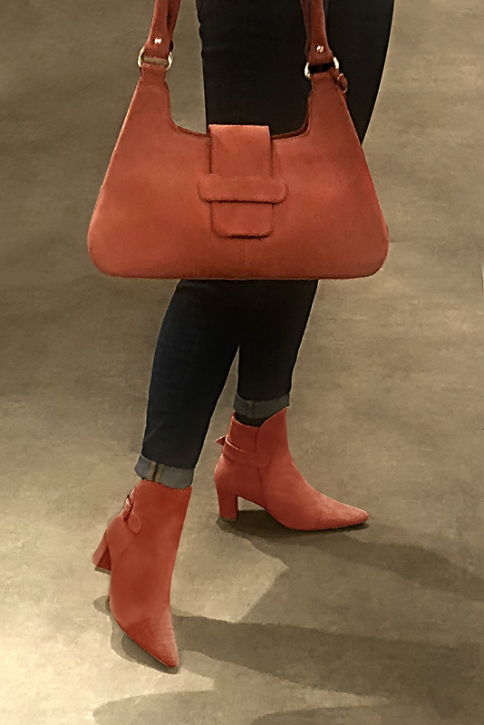 Terracotta orange women's ankle boots with buckles at the back. Tapered toe. Medium block heels. Worn view - Florence KOOIJMAN